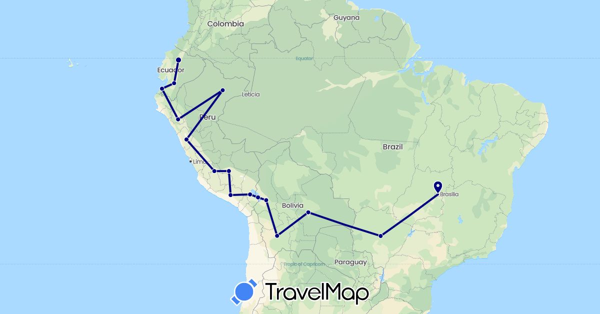 TravelMap itinerary: driving in Bolivia, Brazil, Ecuador, Peru (South America)